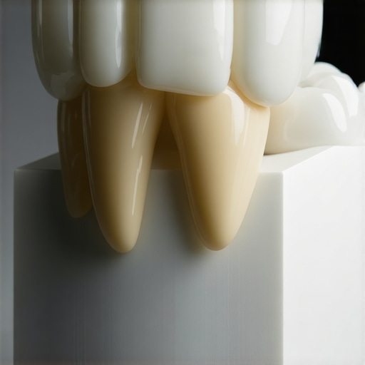 Close-up of a ceramic dental crown showing the precise margin and natural-looking texture for dental restoration.