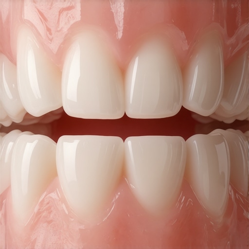 A macro view of a dental crown showing how it meets the gum line perfectly.