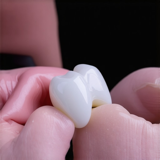 A dentist matching the color of a new crown to a patient's natural tooth shade.