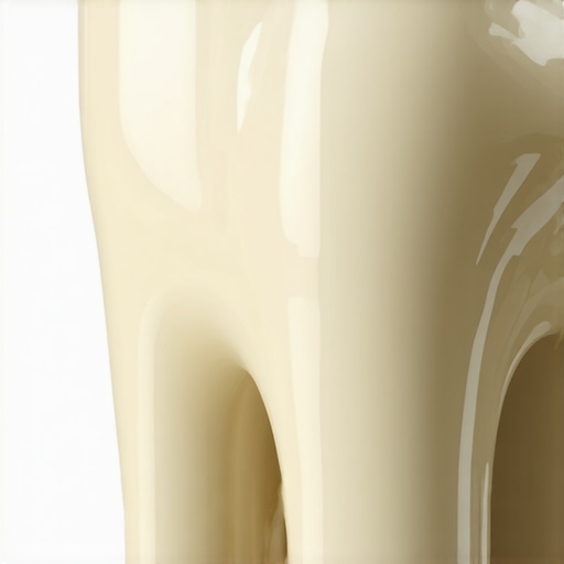 A detailed view of a porcelain dental crown showing realistic translucency and fit.
