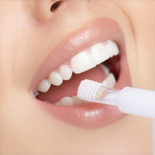 A person using a small brush to apply whitening gel into the crevices of overlapping teeth for an even result.
