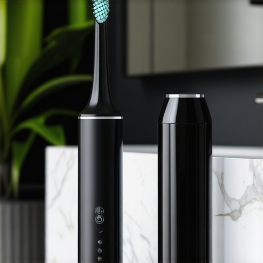 An electric toothbrush and water flosser on a bathroom vanity representing advanced crown maintenance.