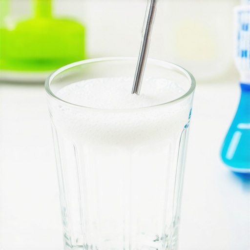 A glass of warm salt water prepared for rinsing a painful tooth.