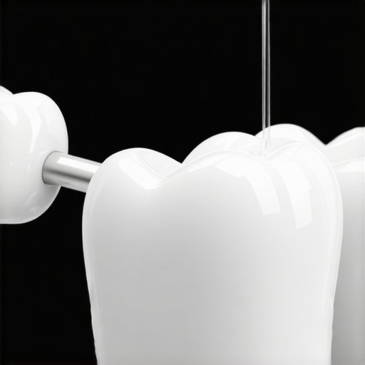 Close-up of a water flosser cleaning the margin of a dental crown