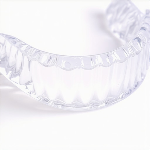 A clear custom-fitted dental night guard used to prevent teeth grinding and jaw pain.