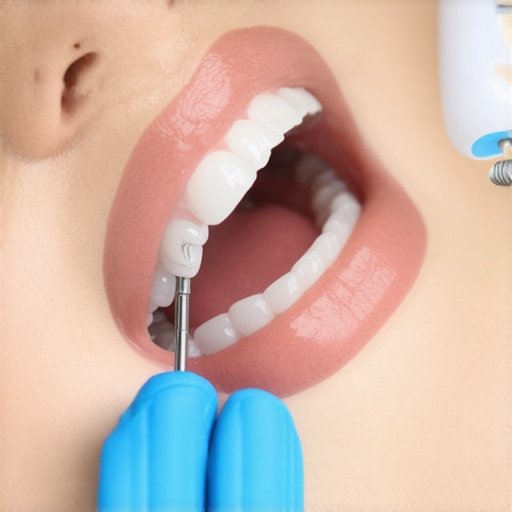 A dentist using articulating paper to check the bite alignment of a porcelain crown.