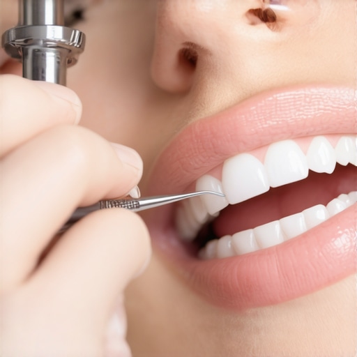 A dentist adjusting a dental crown to prevent teeth clacking during speech.