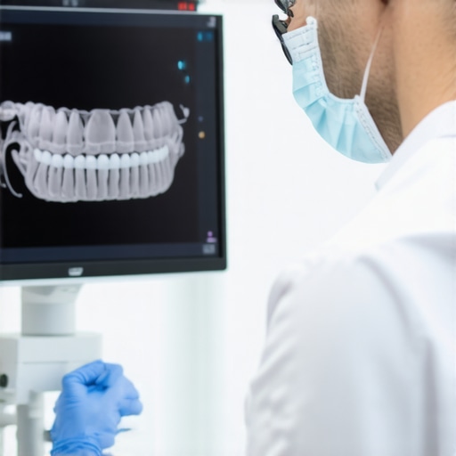 A dentist explaining a digital dental scan to a patient in a bright office.