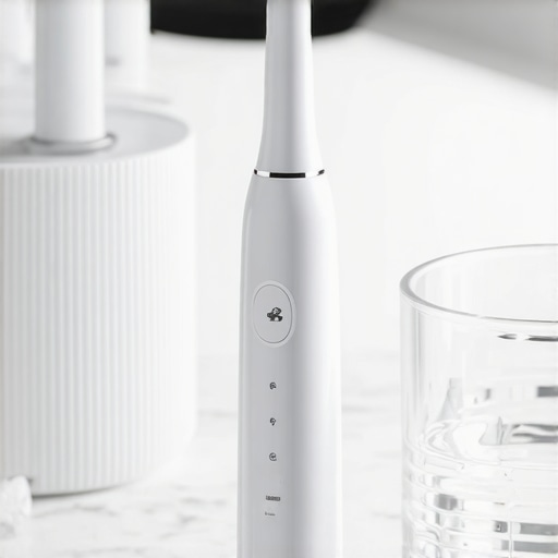 Modern electric toothbrush on a marble counter representing high-tech home dental care.