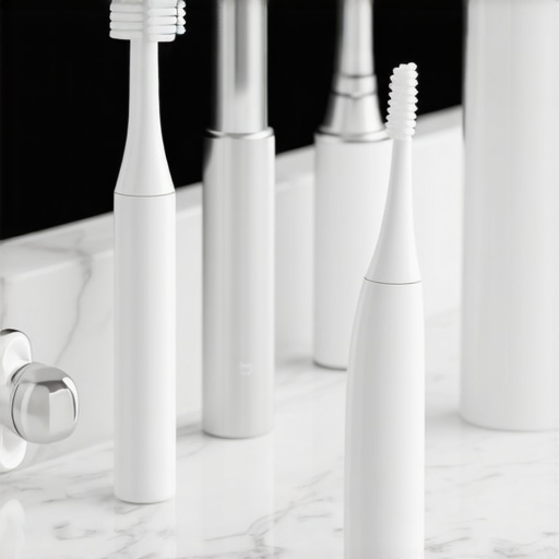 Close-up of interdental brushes and an electric toothbrush for dental bridge care.