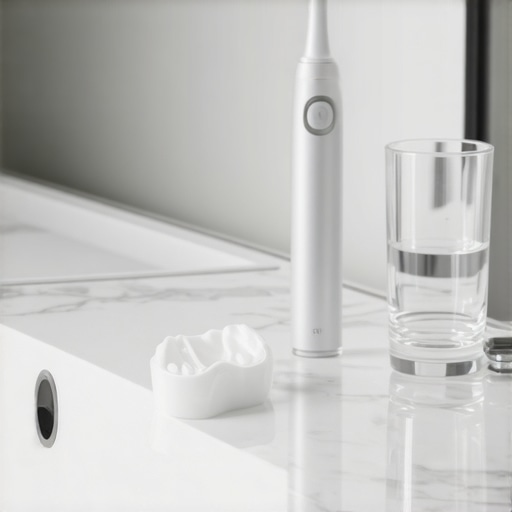 A clear custom night guard and electric toothbrush on a marble surface representing long-term dental care.