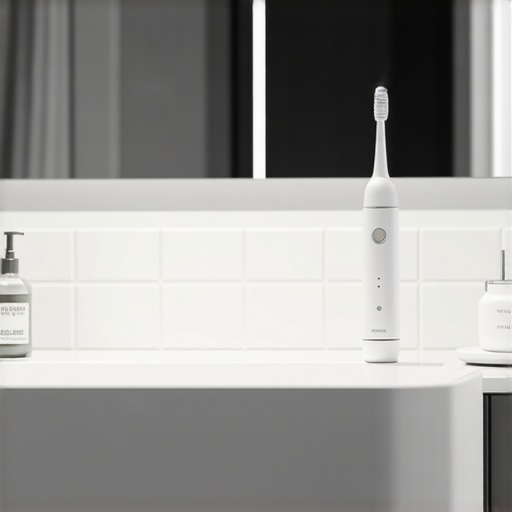 A high-end electric toothbrush and water flosser on a clean bathroom counter