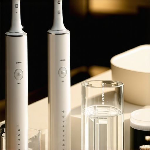 Electric toothbrush and water flosser on a bathroom counter