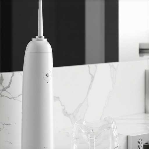 Close up of a water flosser and custom night guard on a bathroom counter