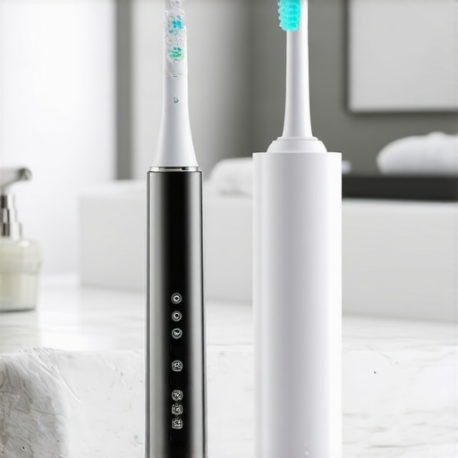 A sonic toothbrush and water flosser on a bathroom counter representing advanced home dental care.