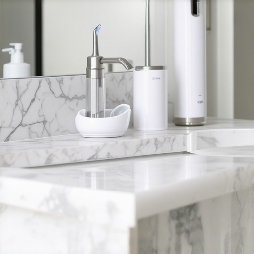 An ultrasonic cleaner and water flosser on a bathroom counter for night guard and crown maintenance.