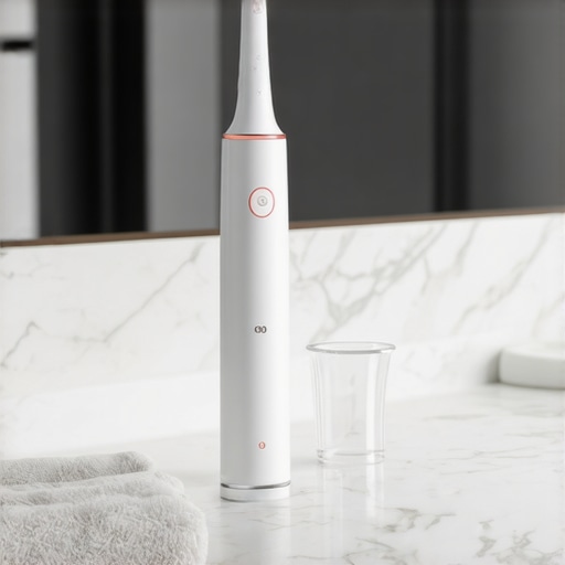 Electric toothbrush and water flosser on a bathroom counter representing advanced dental home care.