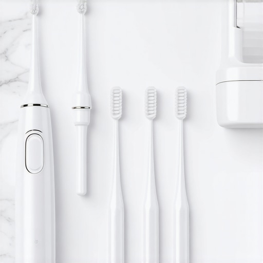 A water flosser and interdental brushes on a bathroom counter representing advanced oral hygiene.