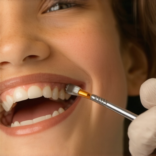 Dentist applying protective fluoride varnish to a child's tooth with a small brush.