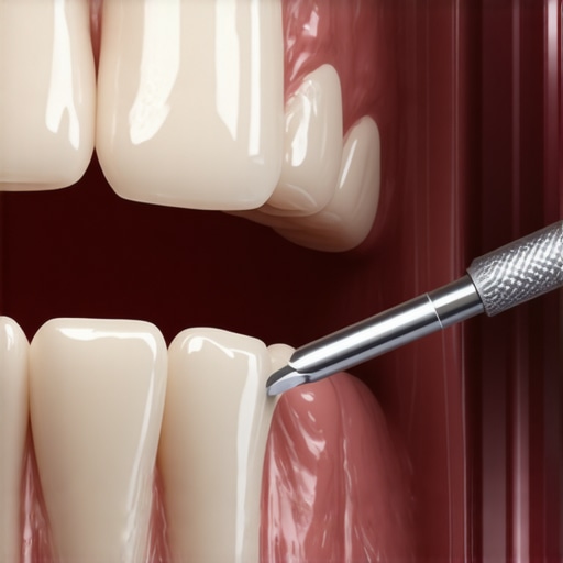 A close-up view of a dentist checking for gaps or leakage at the base of a porcelain dental crown.