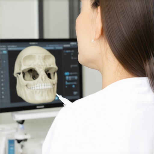 Professional Jaw Alignment Consultation A dentist explaining jaw joint alignment to a patient using a digital scan on a monitor.