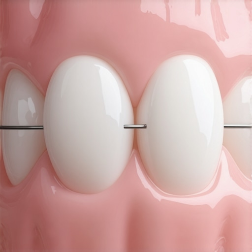 Close up of orthodontic wax covering a bracket on metal braces