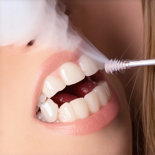 A water flosser cleaning the gaps between crowded teeth to prevent staining.