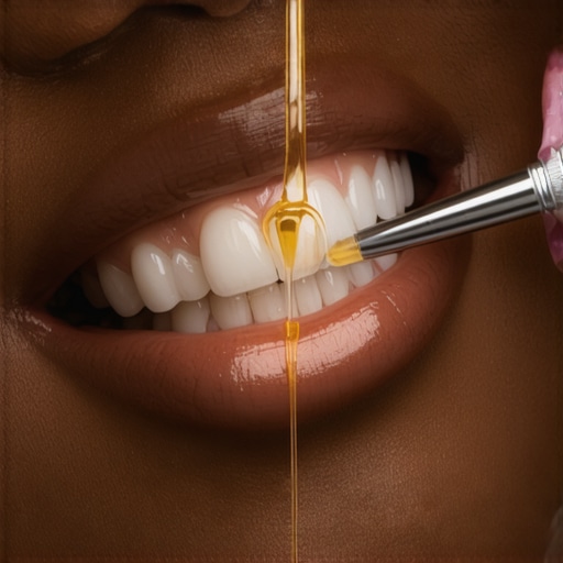 A dentist applying protective fluoride varnish to a tooth surface with a micro-brush