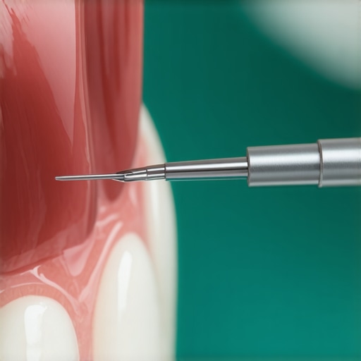 Professional inspection of the gumline for foreign objects A dentist inspecting gums near a dental crown to remove a trapped strawberry seed.