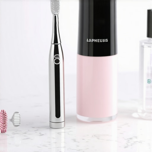 A high-quality tongue scraper and toothbrush set on a bathroom counter.
