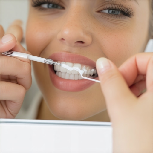A person using a floss threader to clean under a dental bridge to prevent bad breath.