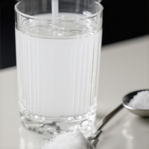 A glass of warm salt water on a bathroom counter for post-dental cleaning care.