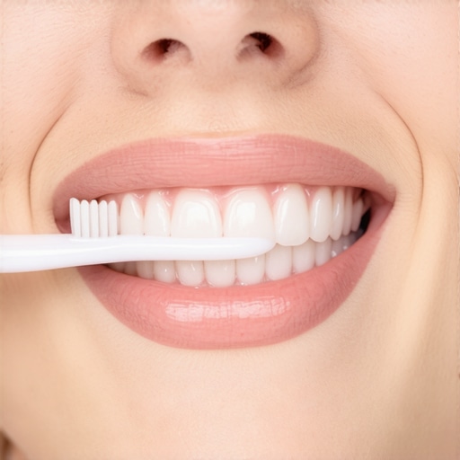 A person demonstrating the 45-degree angle toothbrushing technique to remove biofilm and prevent fuzzy teeth.