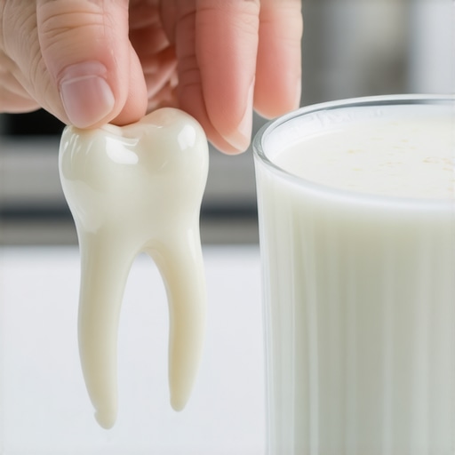Proper emergency handling of a knocked-out tooth Close-up of holding a knocked-out tooth by the crown near a glass of milk.