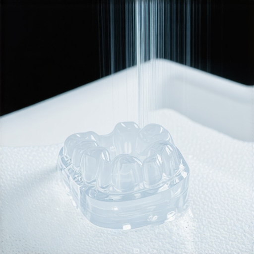 Close-up of a person brushing a clear dental night guard with a soft toothbrush and soap over a sink.