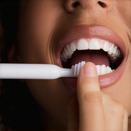 Close up of electric toothbrush removing plaque at the gum line