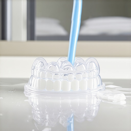 Close-up of a hand cleaning a clear plastic retainer with a toothbrush