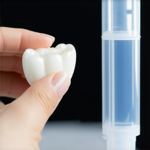 Hand holding a dental crown and adhesive for temporary repair