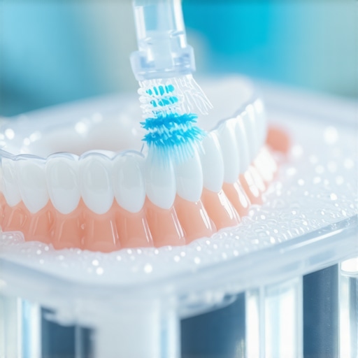 Cleaning clear orthodontic aligners in a glass bowl.