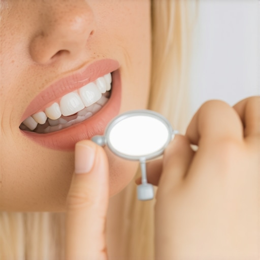 A person uses a flashlight and mirror to inspect a bump on their gum line for signs of infection.