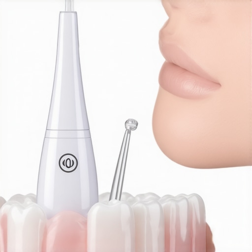 Close-up of a water flosser tip cleaning a dental crown and implant junction.