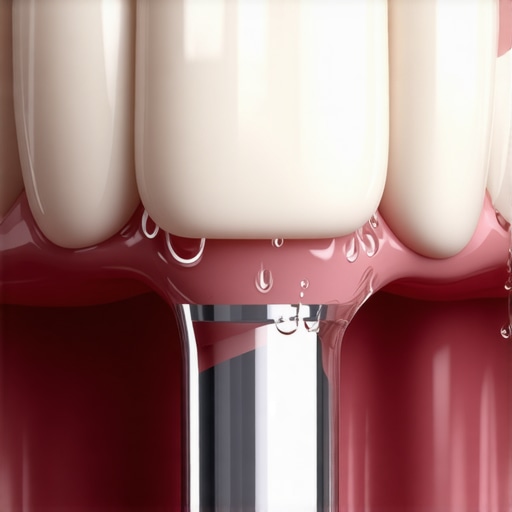 A water flosser cleaning the base of a dental crown to ensure long-term maintenance.