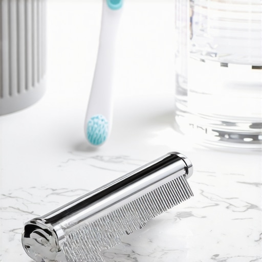 A metal tongue scraper on a bathroom counter representing effective bad breath treatment.