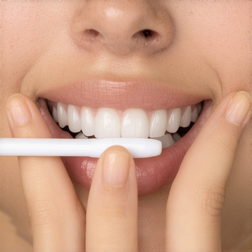 Close-up of a hand holding a toothbrush with a gentle two-finger grip to prevent gum recession.