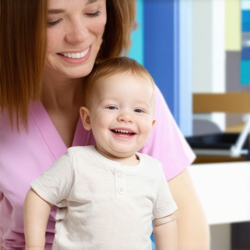 A pediatric dentist and parent performing a knee-to-knee exam on a toddler in a dental office.