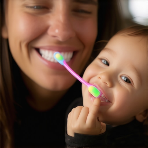 Parent and toddler practicing healthy oral hygiene habits together with colorful toothbrushes.