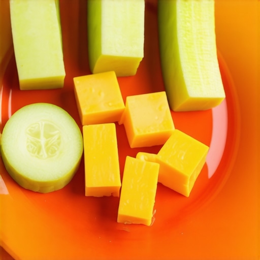 A variety of crunchy vegetables and cheese cubes arranged for a child's healthy snack.