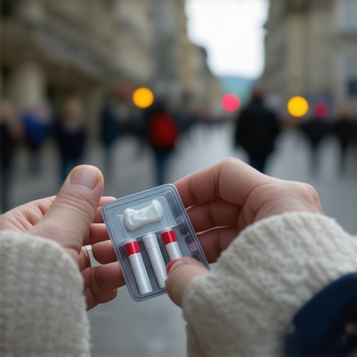 Hands holding a travel dental repair kit with wax and cement for dental emergencies abroad.