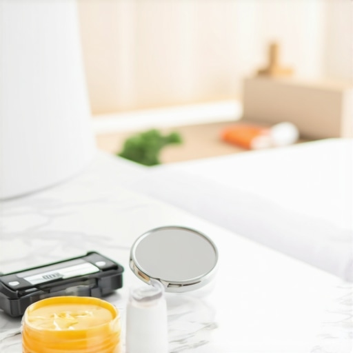 A travel dental emergency kit with cement and wax on a hotel counter.