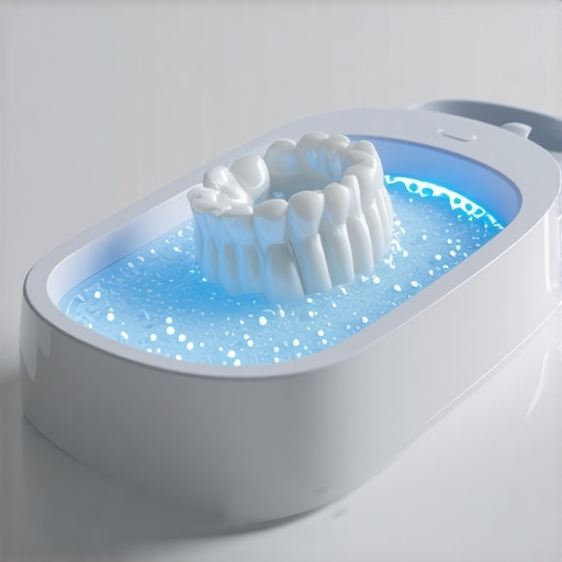 Ultrasonic Dental Cleaner for Maintenance High-tech ultrasonic cleaner being used to sanitize a partial denture.